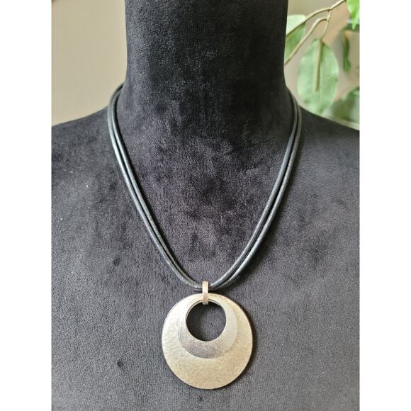 Chico's Pendant Necklace With Round Silver Tone Disc On Black Cord Lobster Clasp - Picture 1 of 8